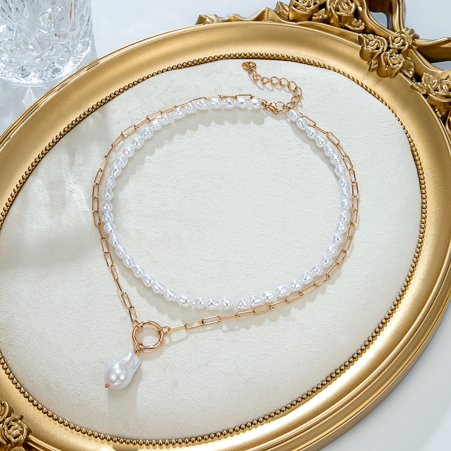 Collier double chaîne perles baroque