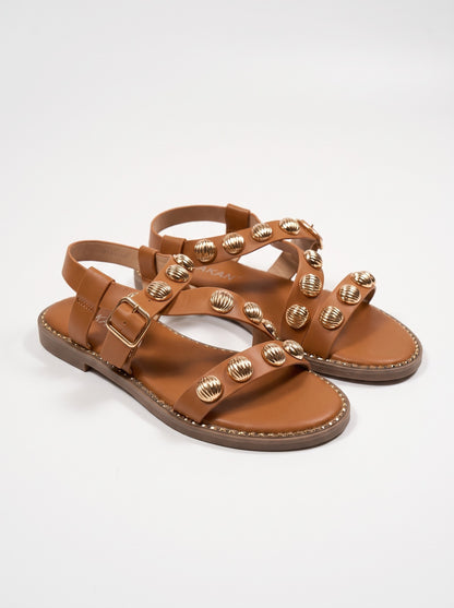 Sandale Plat Albane coloris Camel vue trois-quarts