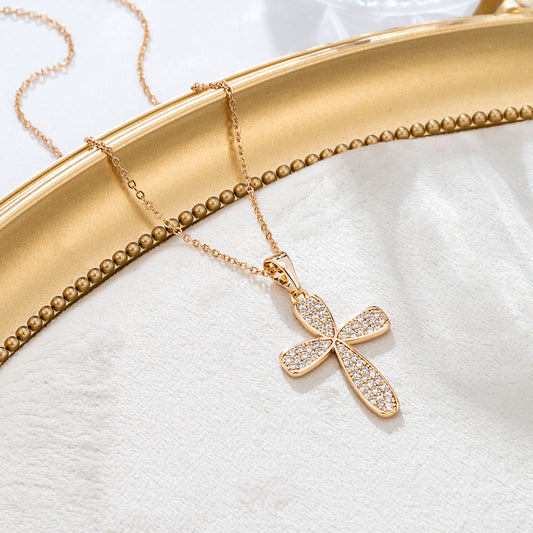 Collier croix pavée cristaux dorés