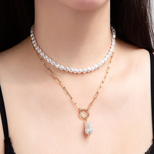 Collier double chaîne perles baroque